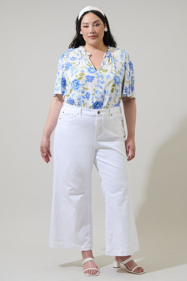Sugarlips Milla Floral Ruffle Split Neck Dupont Top Curve