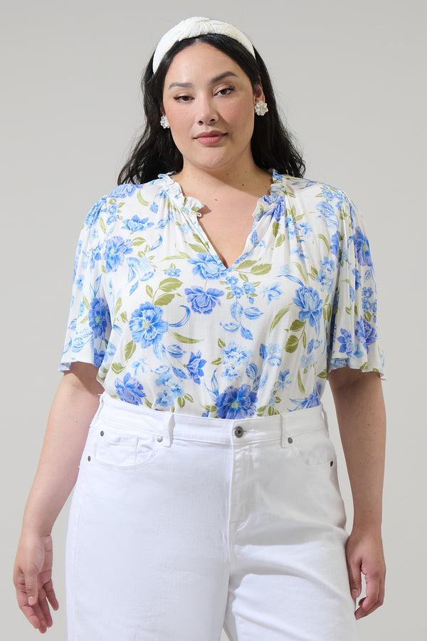 sugarlips Milla Floral Ruffle Split Neck Dupont Top Curve