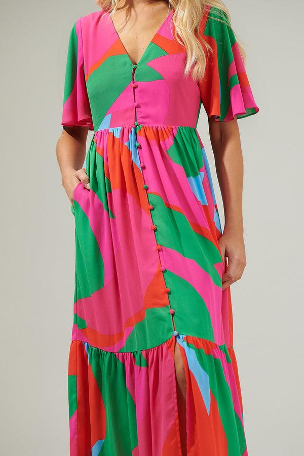 Sugarlips Milton Abstract Pismo Button Down Flutter Maxi Dress