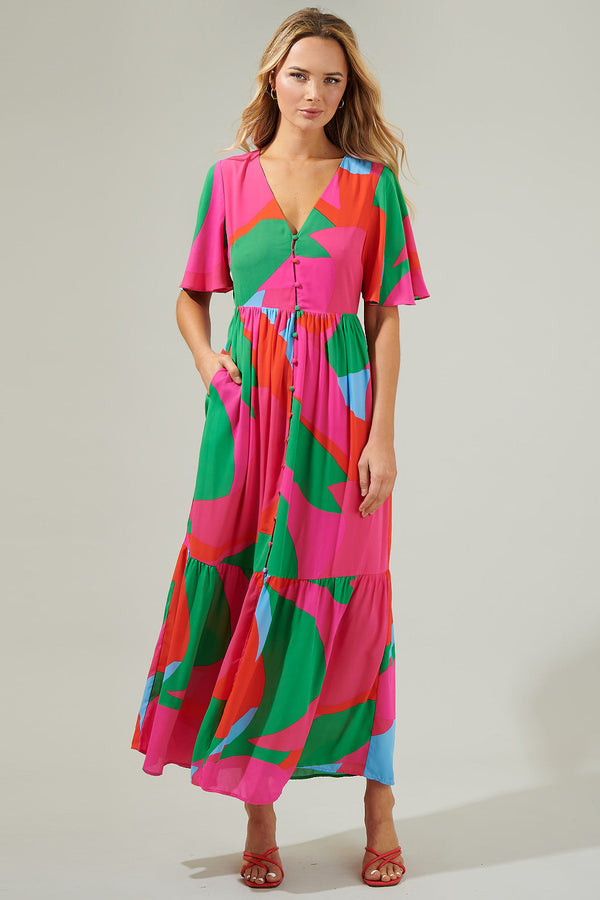 sugarlips Milton Abstract Pismo Button Down Flutter Maxi Dress