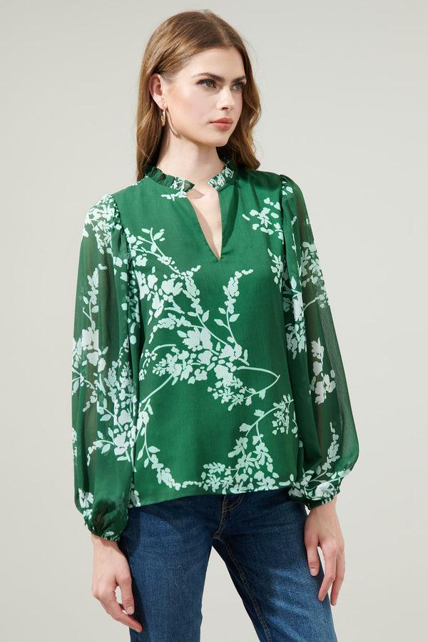 Sugarlips Monterey Floral Hathaway Split Neck Long Sleeve Blouse