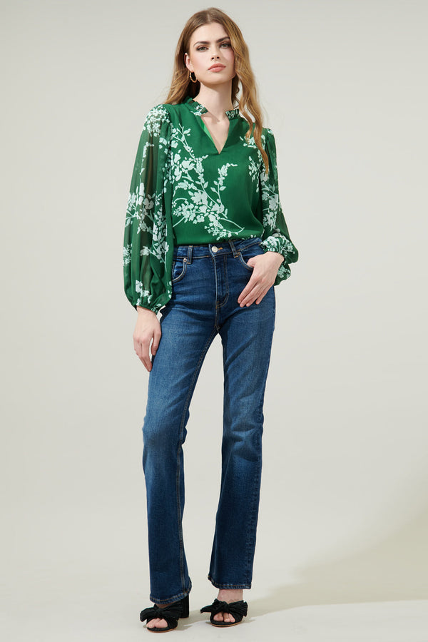 Sugarlips Monterey Floral Hathaway Split Neck Long Sleeve Blouse
