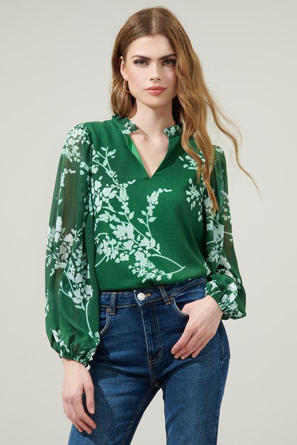sugarlips Monterey Floral Hathaway Split Neck Long Sleeve Blouse