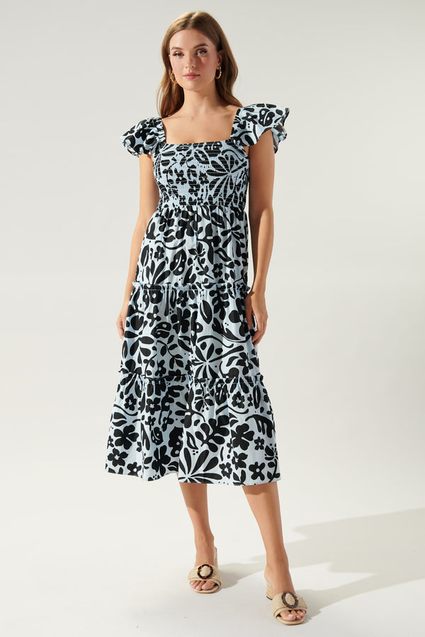 Sugarlips Morning Tropics Lou Smocked Tiered Midi Dress