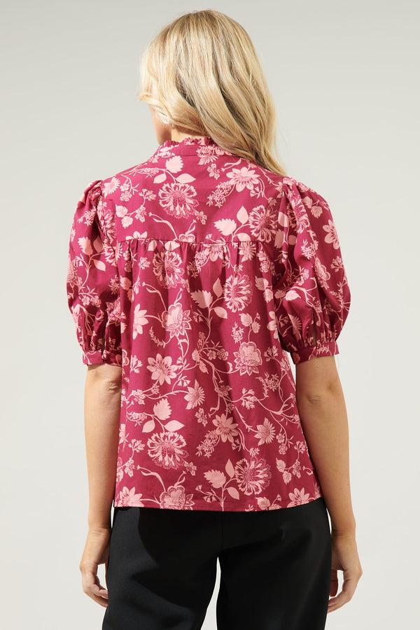 Sugarlips Mulberry Floral Delano Ruffle Split Neck Blouse