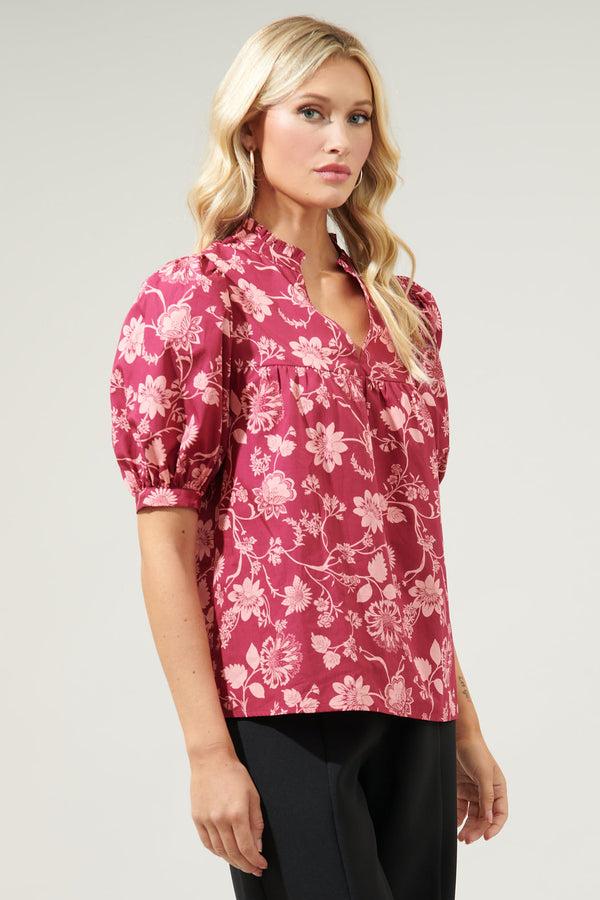 Sugarlips Mulberry Floral Delano Ruffle Split Neck Blouse