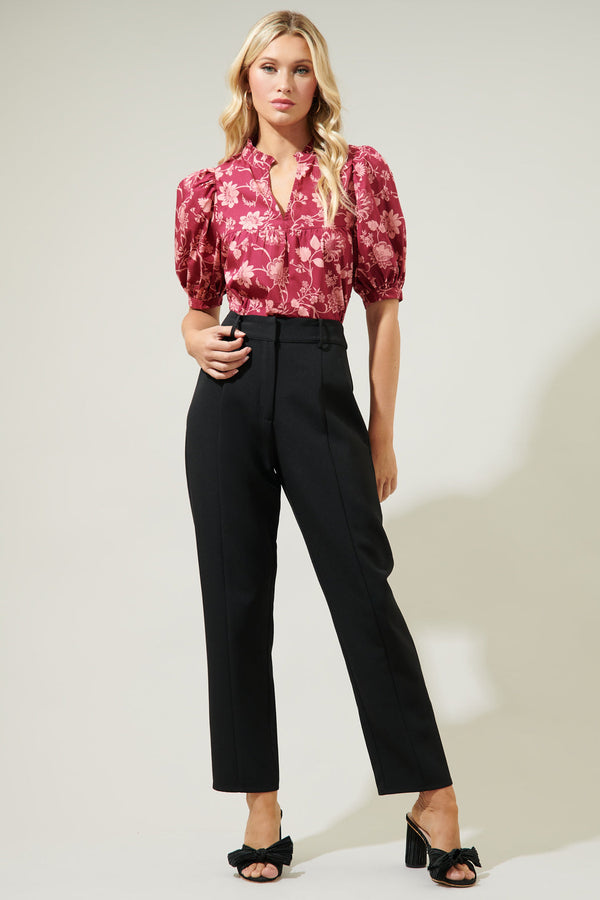 Sugarlips Mulberry Floral Delano Ruffle Split Neck Blouse