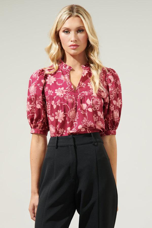 sugarlips Mulberry Floral Delano Ruffle Split Neck Blouse