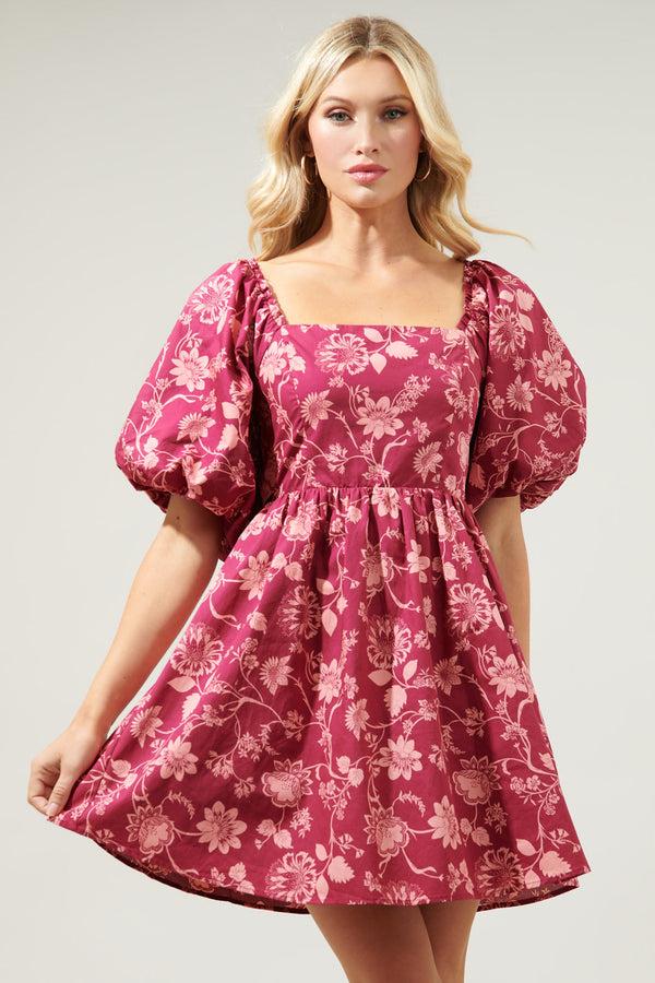 Sugarlips Mulberry Floral Marion Puff Sleeve Babydoll Mini Dress