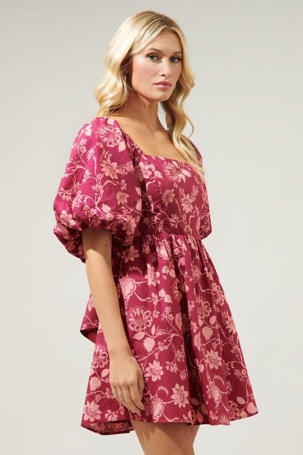 Sugarlips Mulberry Floral Marion Puff Sleeve Babydoll Mini Dress