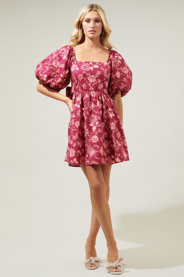 Sugarlips Mulberry Floral Marion Puff Sleeve Babydoll Mini Dress