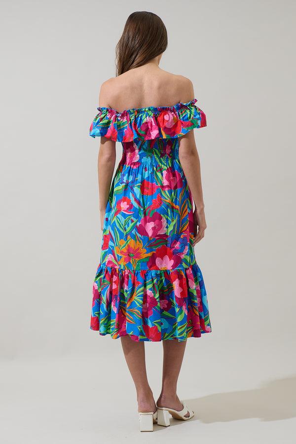 Sugarlips Naima Floral Off The Shoulder Smocked Midi Dress