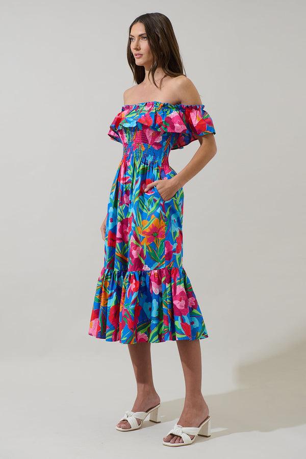 Sugarlips Naima Floral Off The Shoulder Smocked Midi Dress