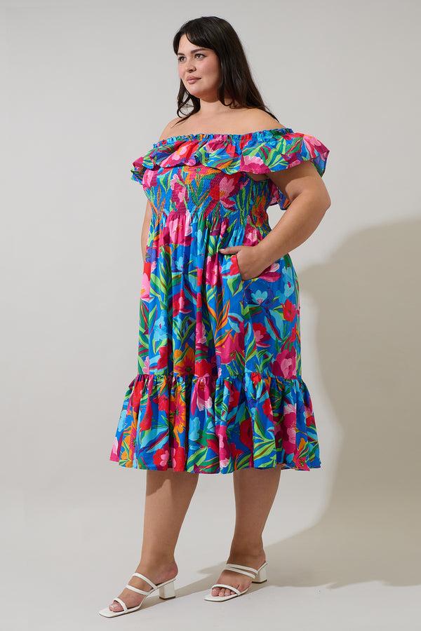 Sugarlips Naima Floral Off The Shoulder Smocked Midi Dress Curve