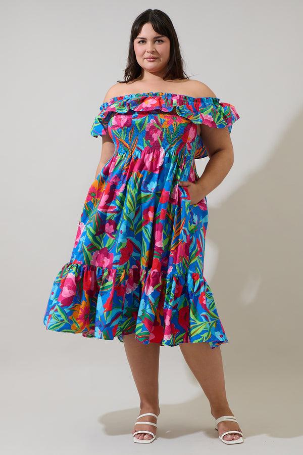 sugarlips Naima Floral Off the Shoulder Smocked Midi Dress Curve
