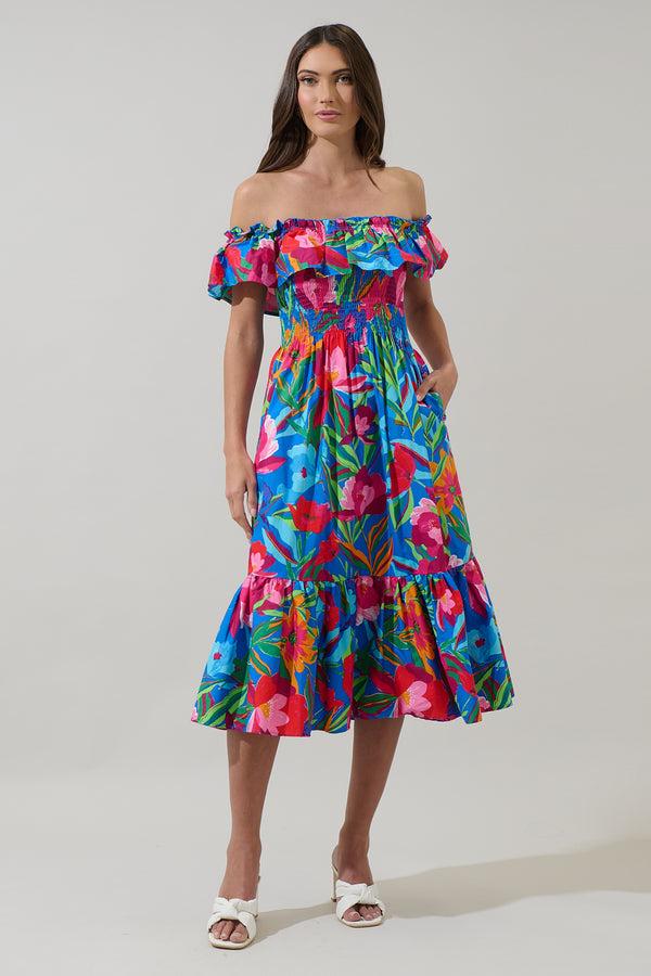 sugarlips Naima Floral Off the Shoulder Smocked Midi Dress
