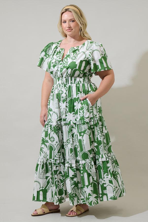 Sugarlips Nala City Palmer Poplin Tiered Maxi Dress Curve