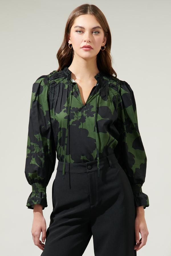 Sugarlips Night Moss Floral Russo Pleated Long Sleeve Blouse