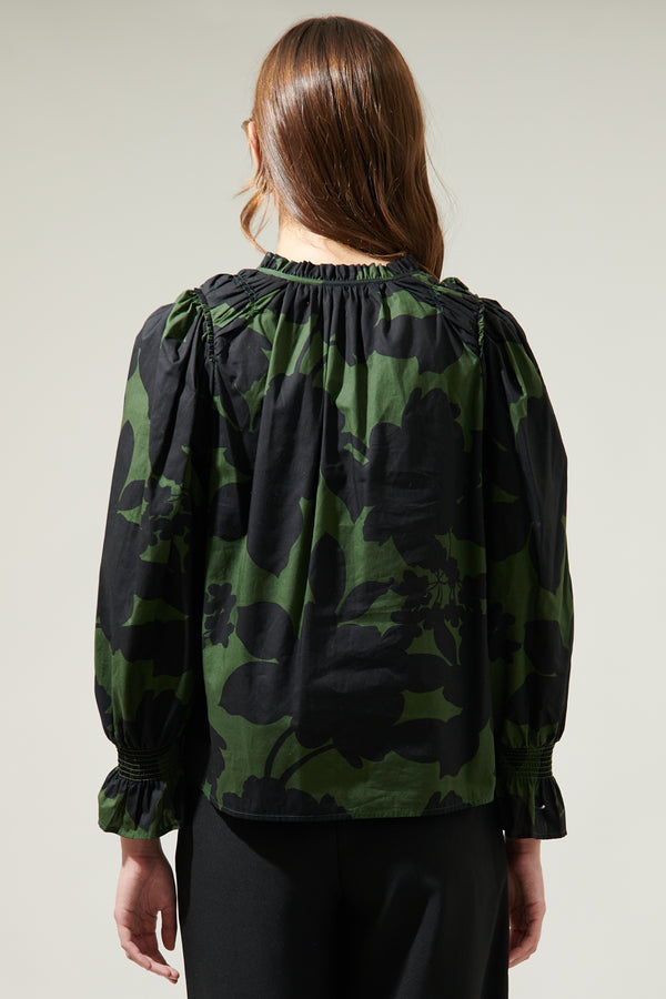 Sugarlips Night Moss Floral Russo Pleated Long Sleeve Blouse