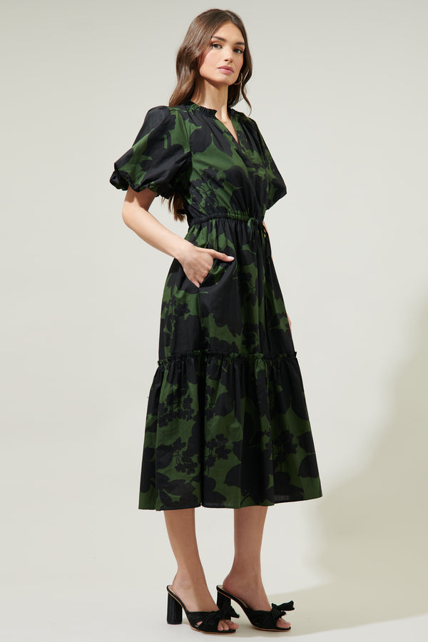 Sugarlips Night Moss Ginny Bubble Sleeve Midi Dress
