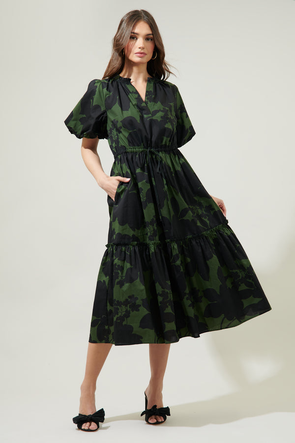 sugarlips Night Moss Ginny Bubble Sleeve Midi Dress