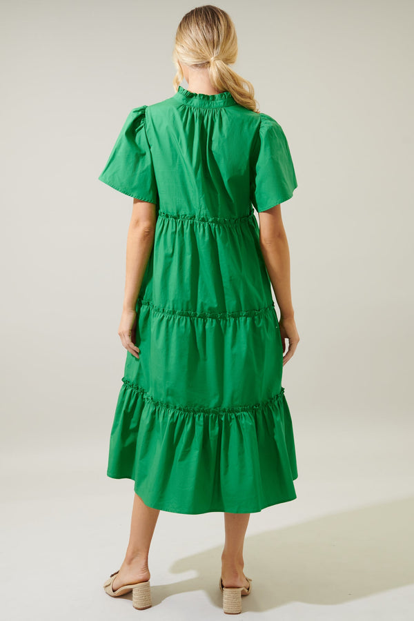 Sugarlips Noelle Split Neck Poplin Tiered Midi Dress