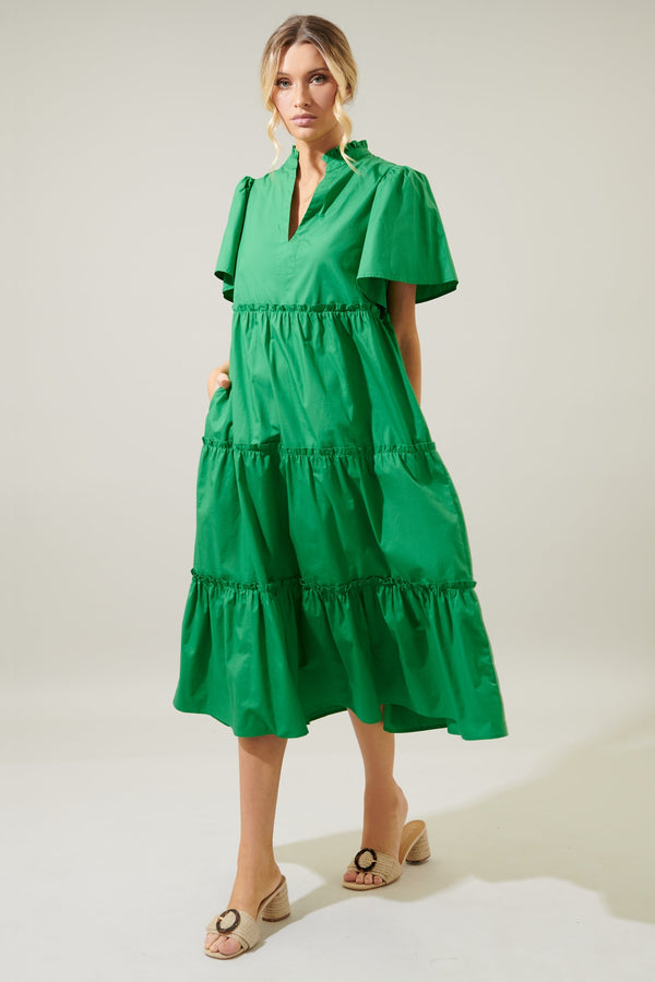 Sugarlips Noelle Split Neck Poplin Tiered Midi Dress