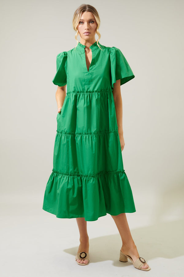 sugarlips Noelle Split Neck Poplin Tiered Midi Dress