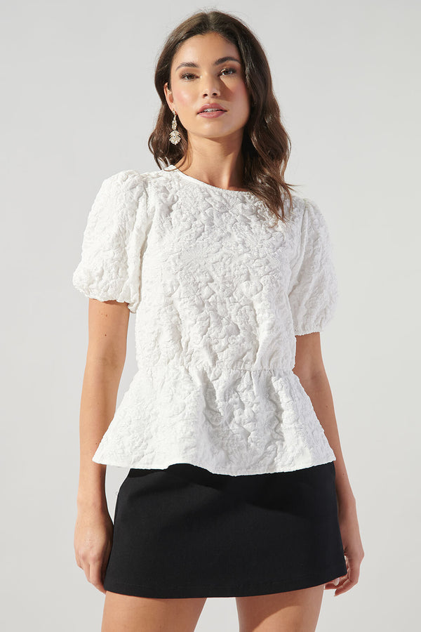 Sugarlips Nohemi Embossed Floral Puff Sleeve Peplum Top