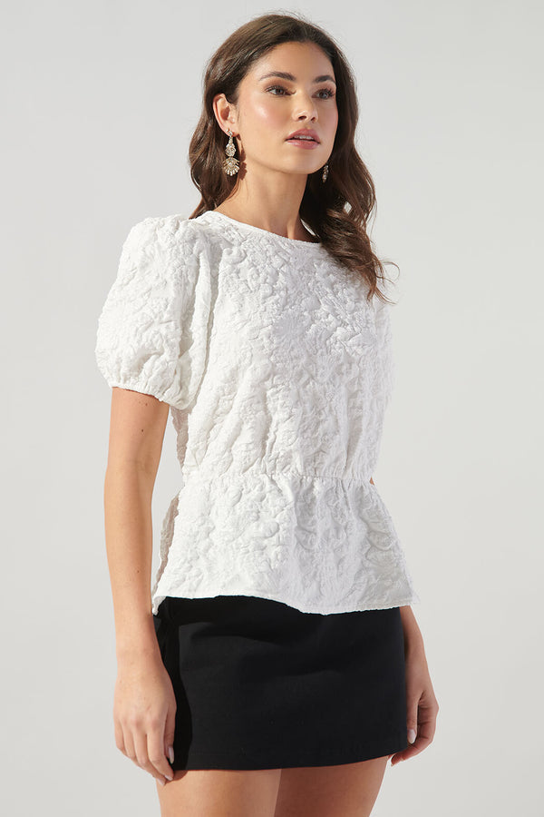 Sugarlips Nohemi Embossed Floral Puff Sleeve Peplum Top
