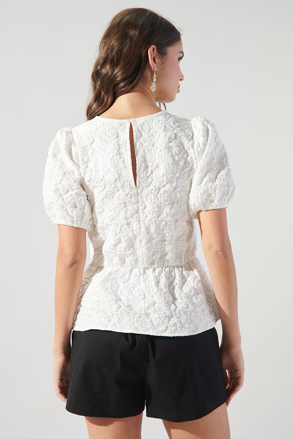 Sugarlips Nohemi Embossed Floral Puff Sleeve Peplum Top