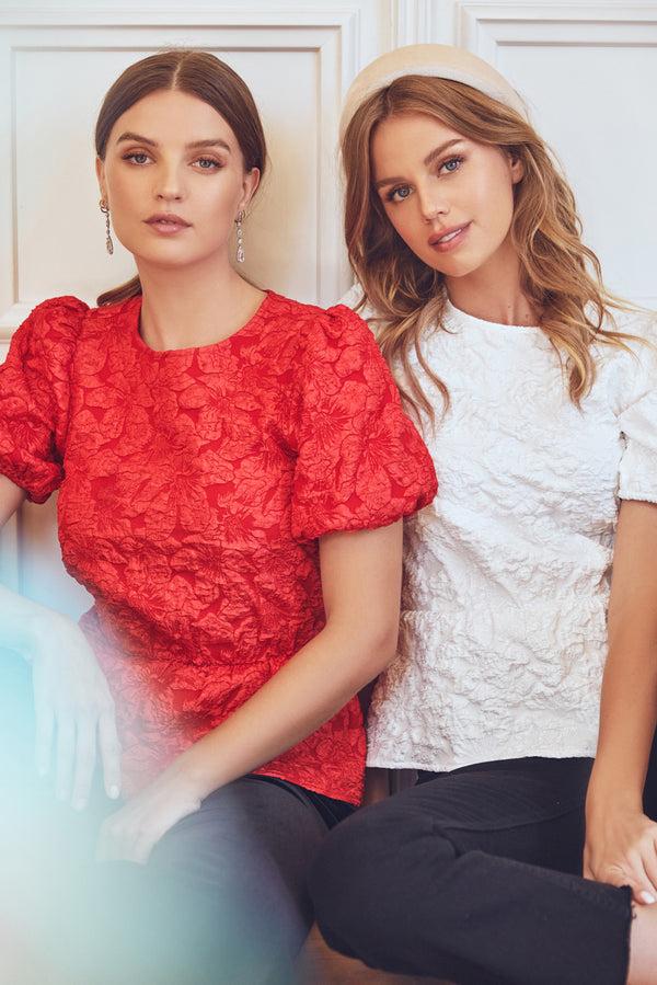 sugarlips Nohemi Embossed Floral Puff Sleeve Peplum Top