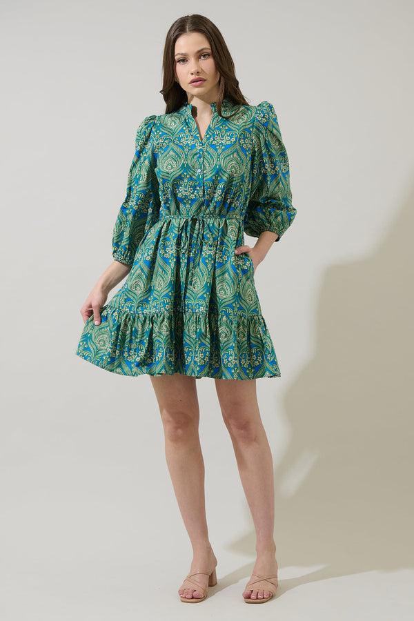 Sugarlips Nyra Paisley Jazlyn Split Neck Mini Dress