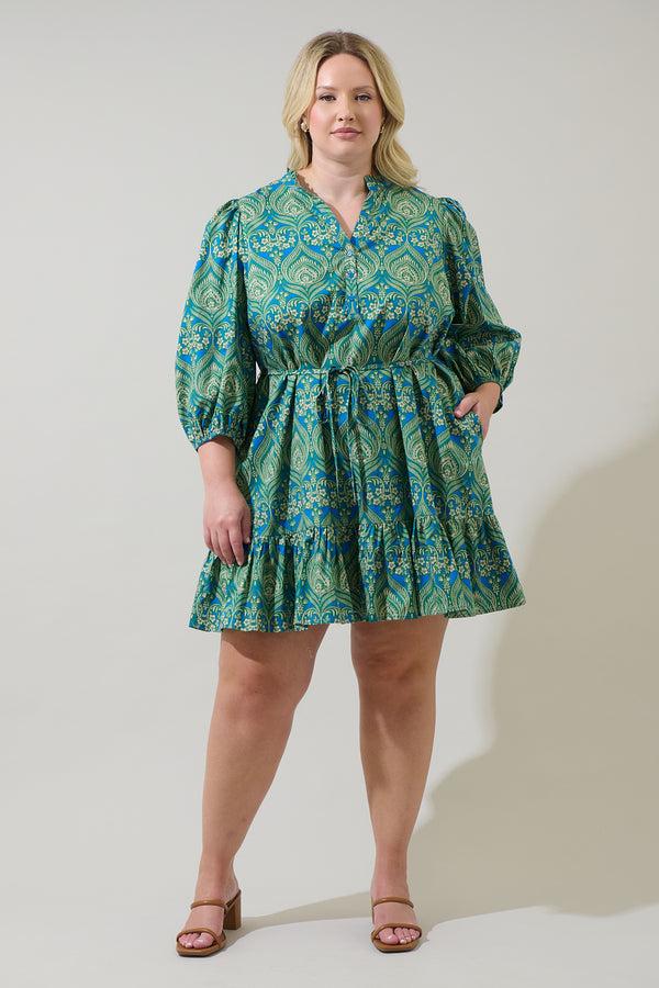 Sugarlips Nyra Paisley Jazlyn Split Neck Mini Dress Curve