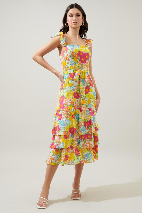 Sugarlips Oasis Floral Guayana Ruffle Tiered Midi Dress