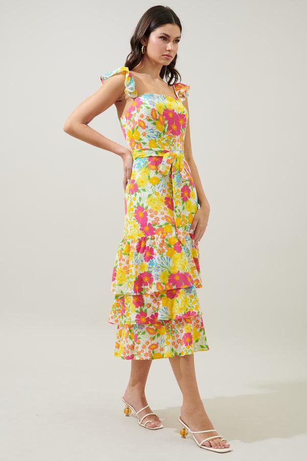 Sugarlips Oasis Floral Guayana Ruffle Tiered Midi Dress