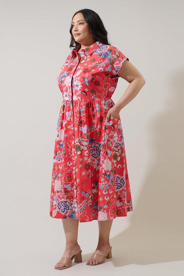 Sugarlips Oreanna Floral Grenola Button Up Midi Dress Curve