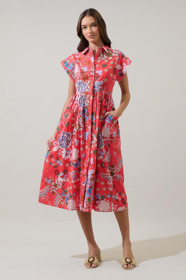 sugarlips Oreanna Floral Grenola Button Up Midi Dress