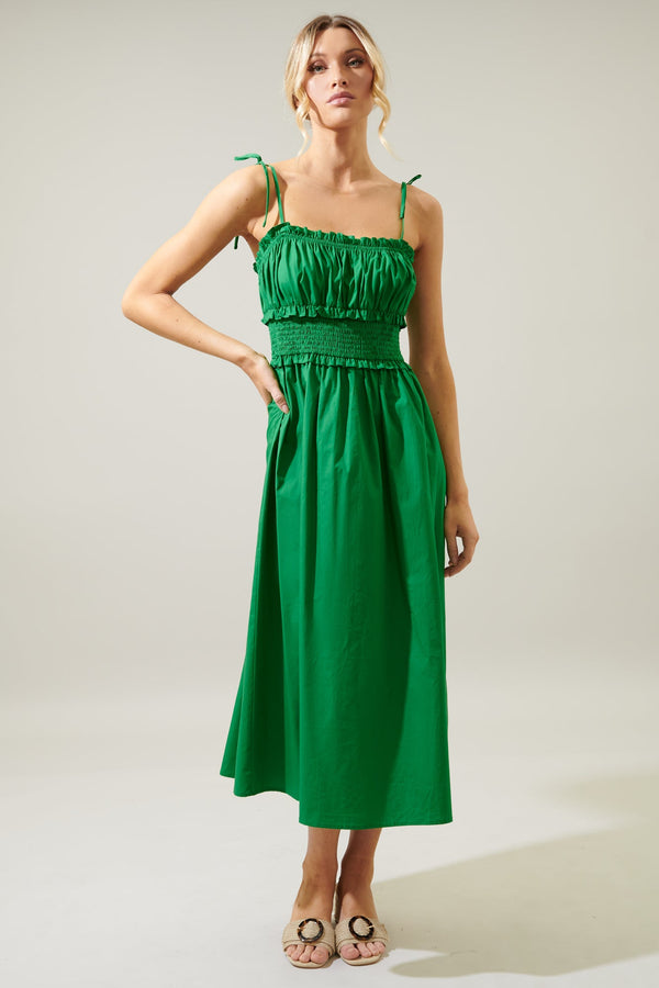 Sugarlips Orion Smocked Waist Tie Strap Poplin Midi Dress