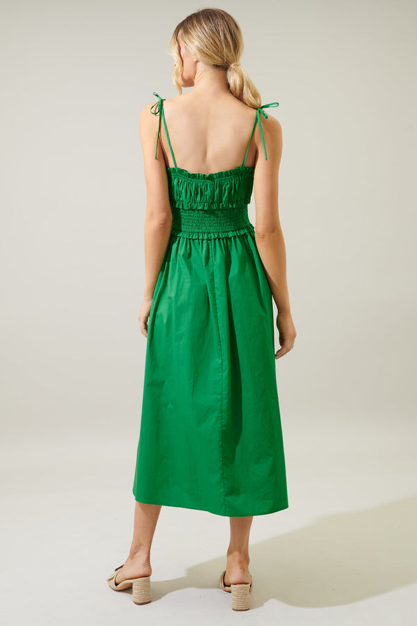 Sugarlips Orion Smocked Waist Tie Strap Poplin Midi Dress