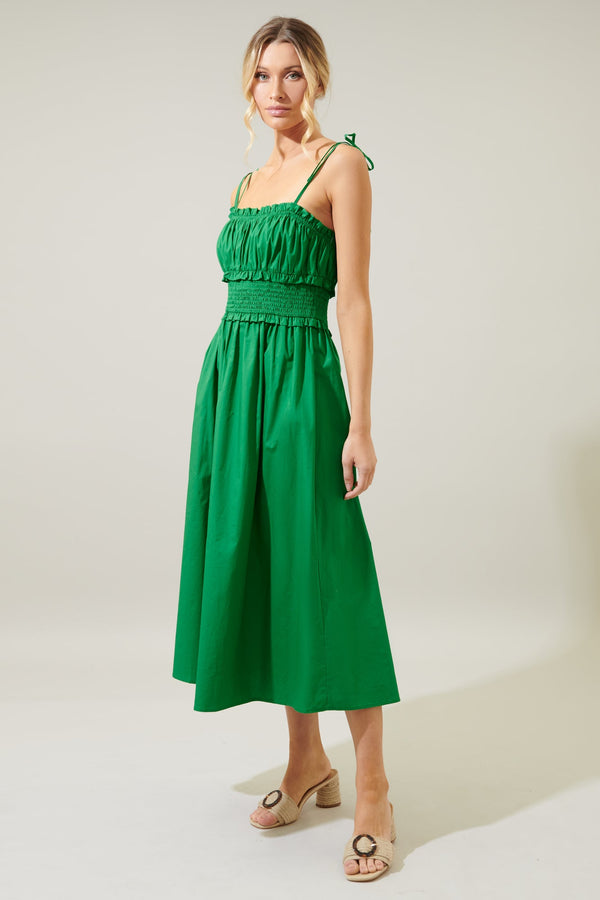 Sugarlips Orion Smocked Waist Tie Strap Poplin Midi Dress