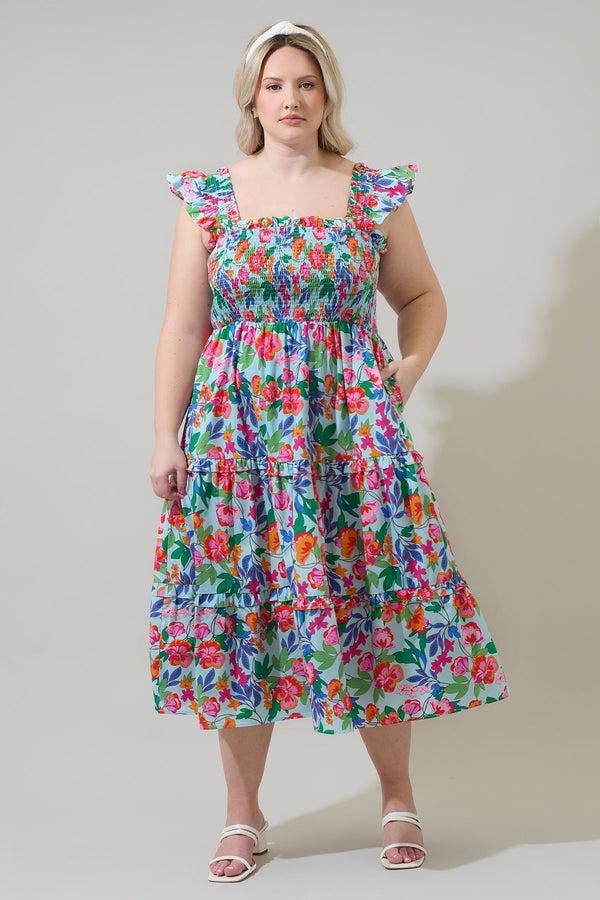 sugarlips Orlena Floral Emy Smocked Midi Dress Curve
