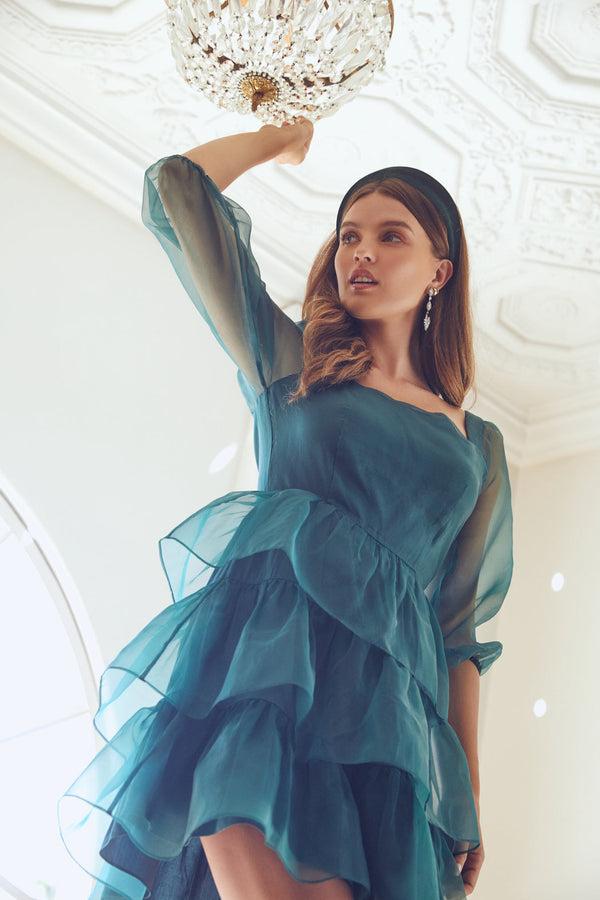 sugarlips Ozzie Square Neck Organza Tiered Mini Dress