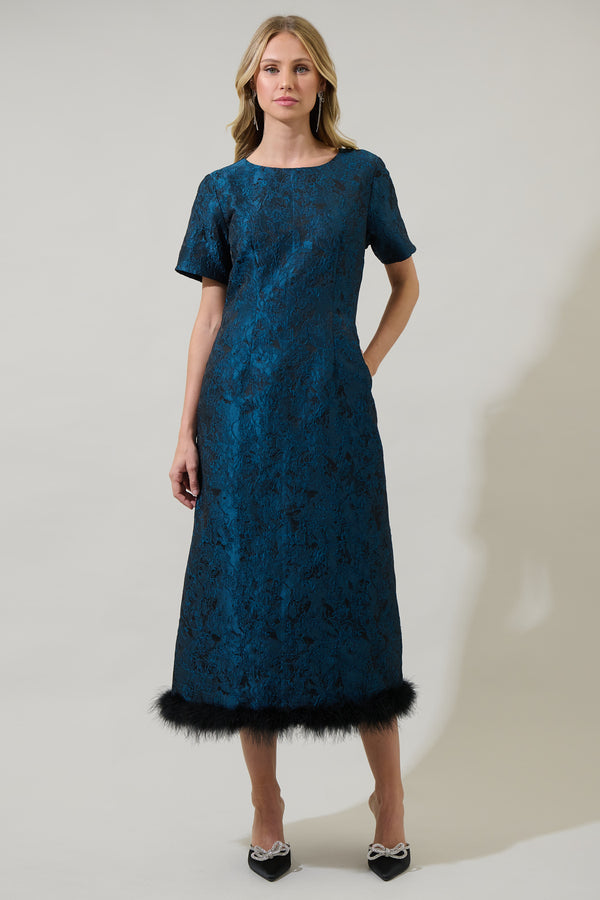 Sugarlips Page Floral Jacquard Feather Trim Midi Dress