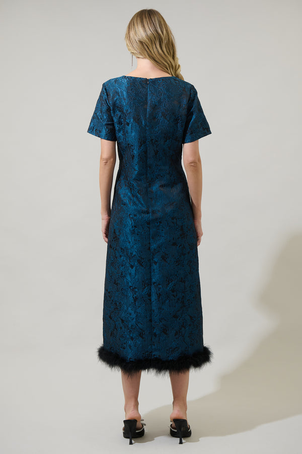 Sugarlips Page Floral Jacquard Feather Trim Midi Dress