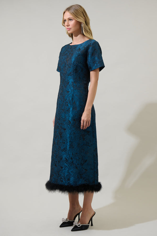 Sugarlips Page Floral Jacquard Feather Trim Midi Dress