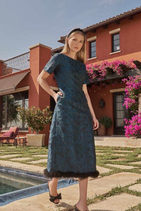 sugarlips Page Floral Jacquard Feather Trim Midi Dress