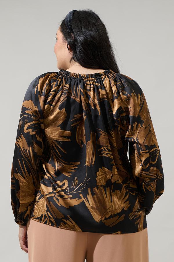 Sugarlips Palm Tropics Midnight Jovie Split Neck Satin Raglan Blouse Curve