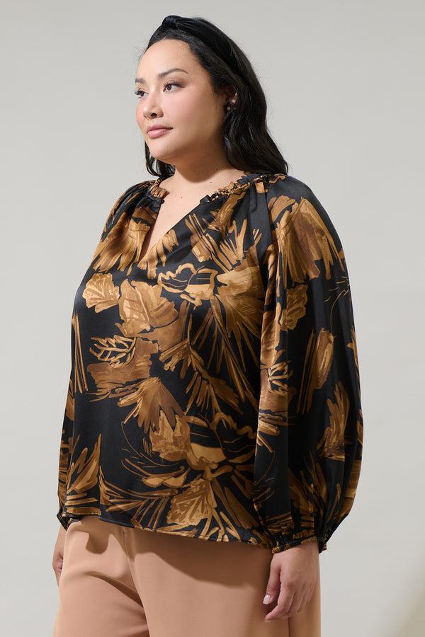 Sugarlips Palm Tropics Midnight Jovie Split Neck Satin Raglan Blouse Curve