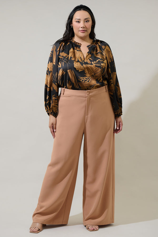 Sugarlips Palm Tropics Midnight Jovie Split Neck Satin Raglan Blouse Curve